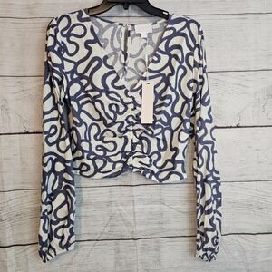 EVERY Brand XS Linen Rayon Blend Cropped Long Sleeve V-Neck Shirt 1209
